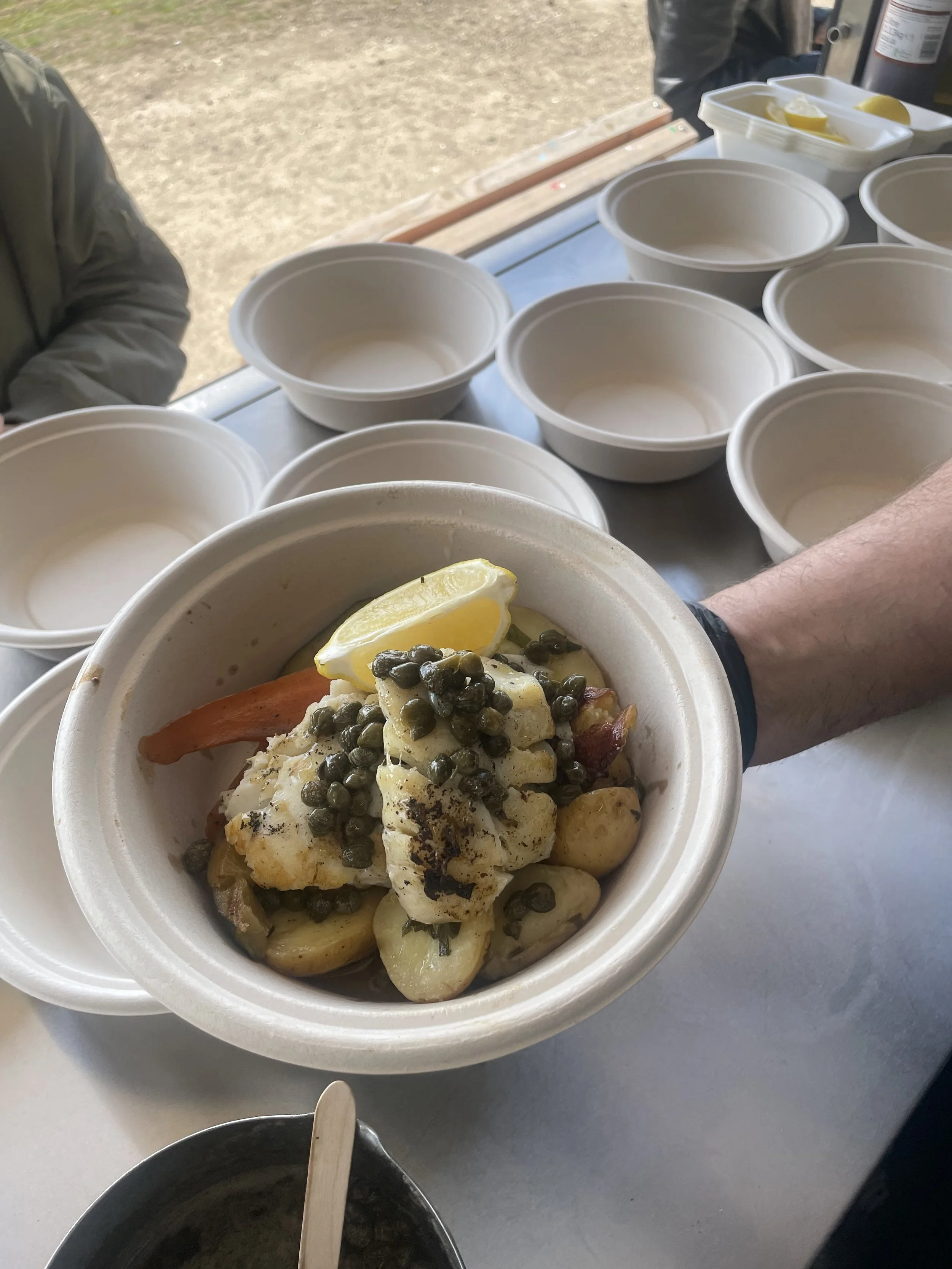 Film production catering with mobile kitchen setup serving cast and crew on location in the UK