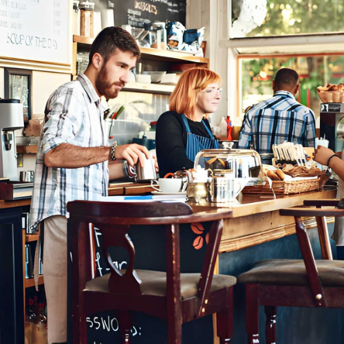 Two customers placing orders at a cafe counter, one man in a checkered shirt and a woman with red hair in an apron, with another man in a checkered shirt in the background near a window.