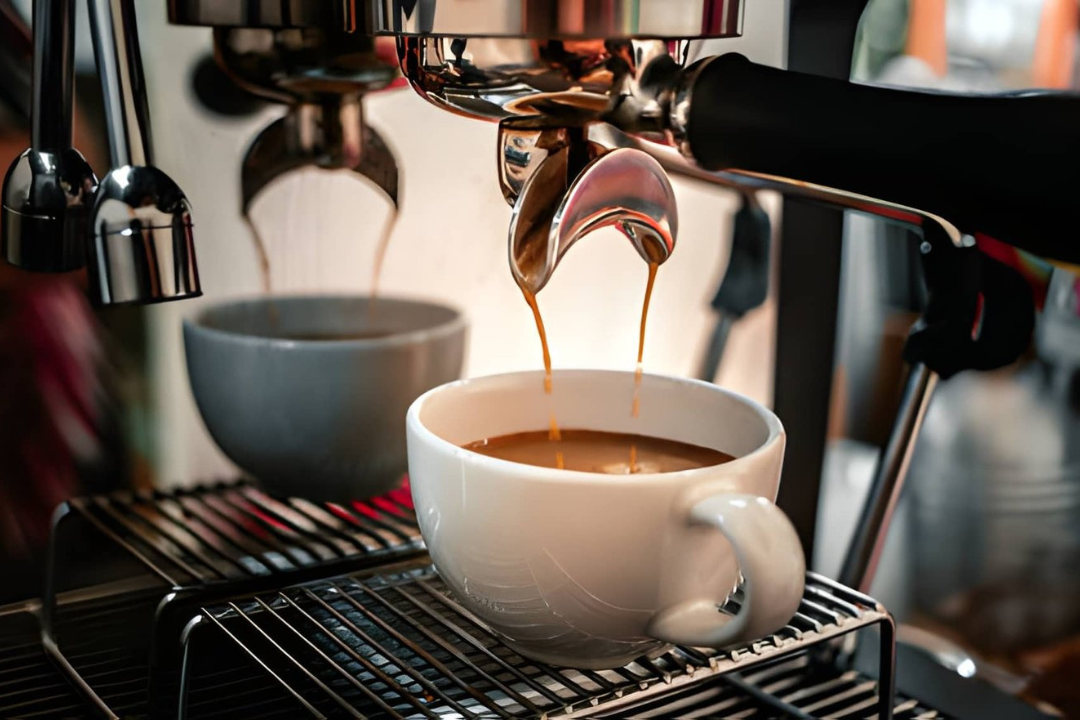 Espresso machine brewing coffee into a white mug on a metal stand.