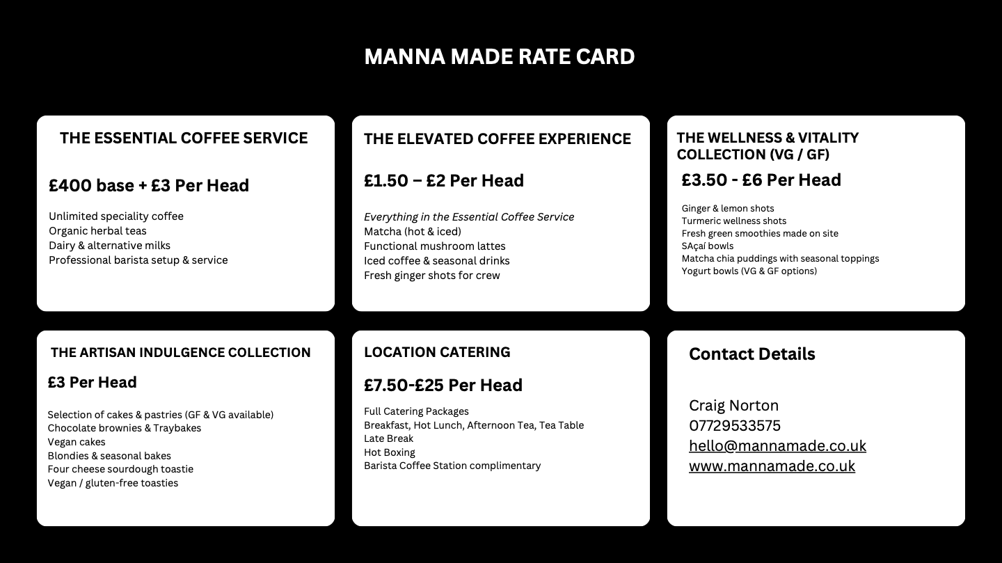 A black coffee menu with white text, titled "Manna Made Rate Card." It has sections for different coffee services, catering options, and contact details, each with descriptions and prices.