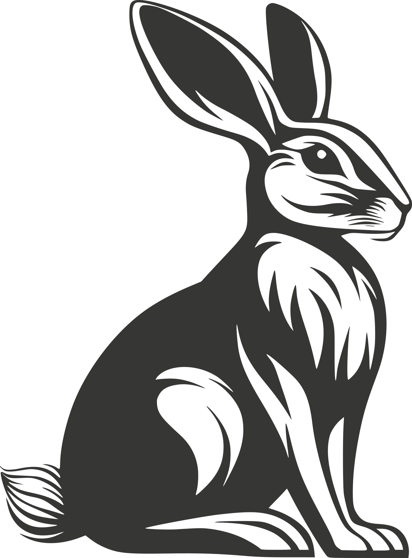 A stylized, monochrome illustration of a hare, sitting upright with ears perked.