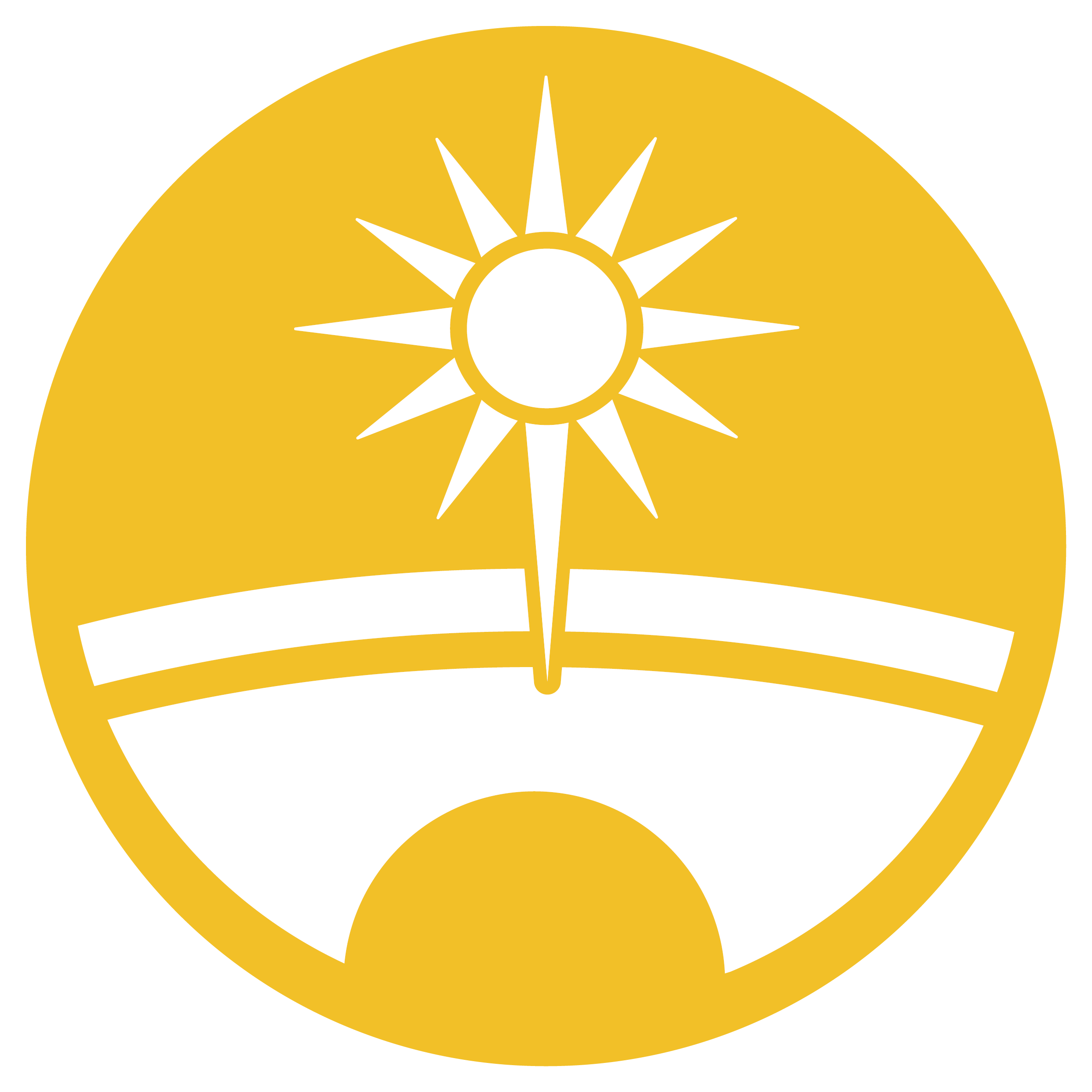 A circular emblem with a black background, featuring a gold and white design of a rising sun, a white curved pathway, and a gold field.