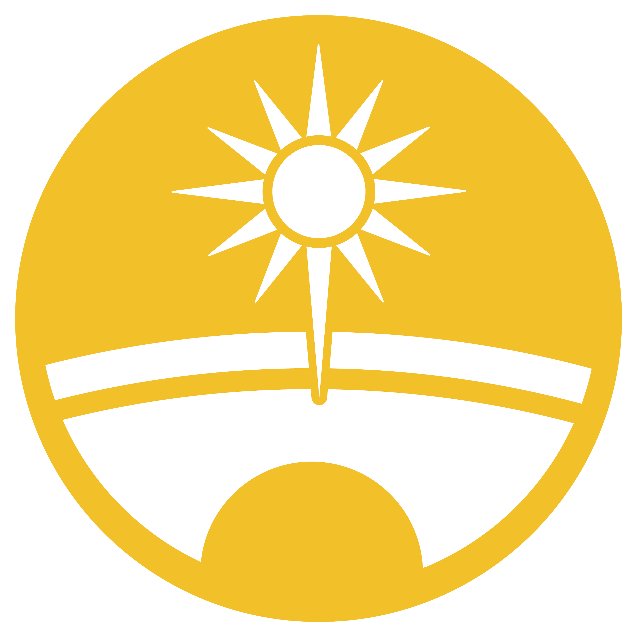 A circular emblem with a white sun over a white landscape, set against a yellow background with a black outer border.