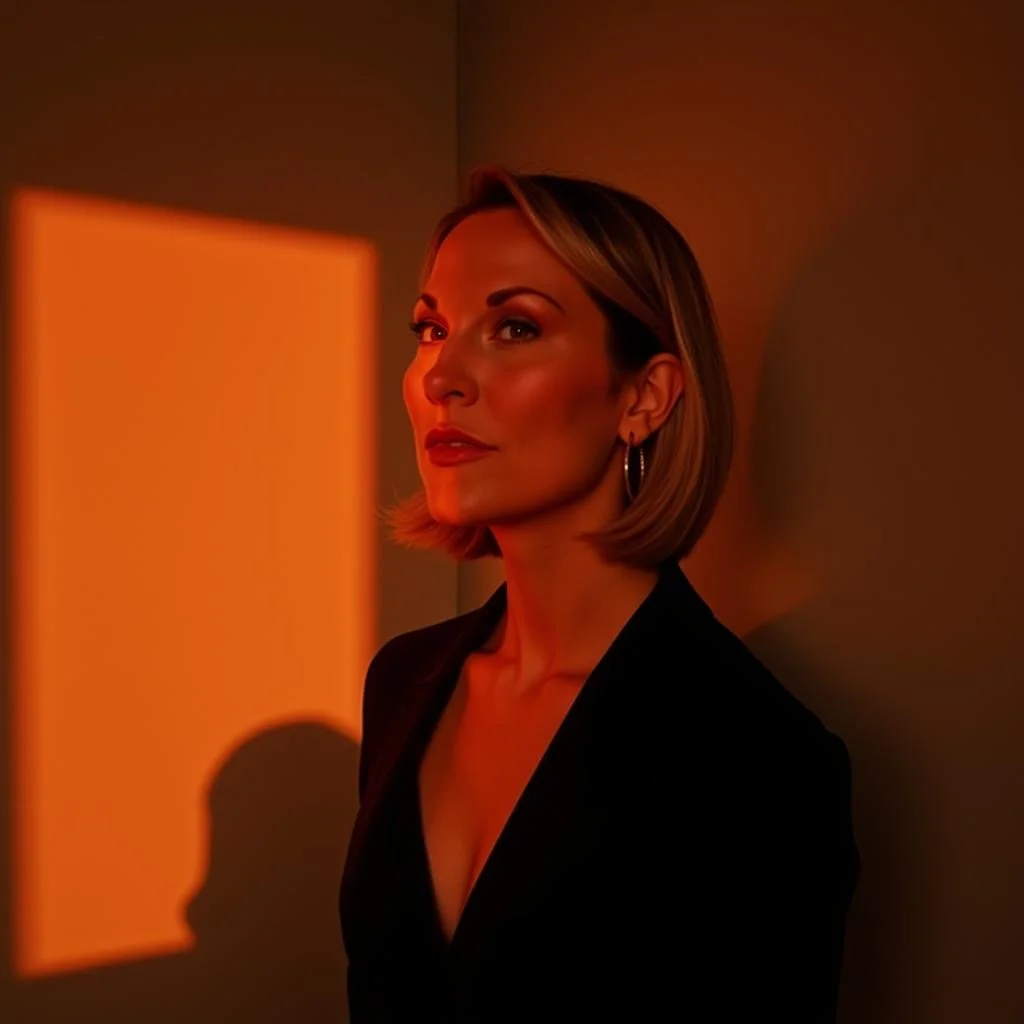 A woman with blonde hair in a black blazer looking sideways in a dimly lit room with orange light reflection.
