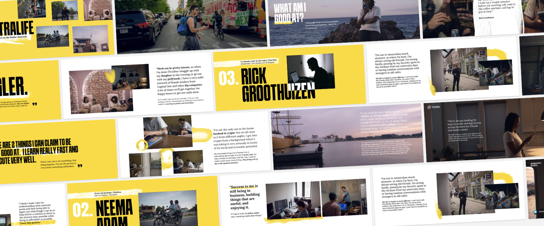 Collage of various photos including people walking in city streets, scenic views of the ocean at sunset, indoor scenes with people working or relaxing, and outdoor scenes with individuals on bikes or standing on the street. Text overlays mention names and quotes.