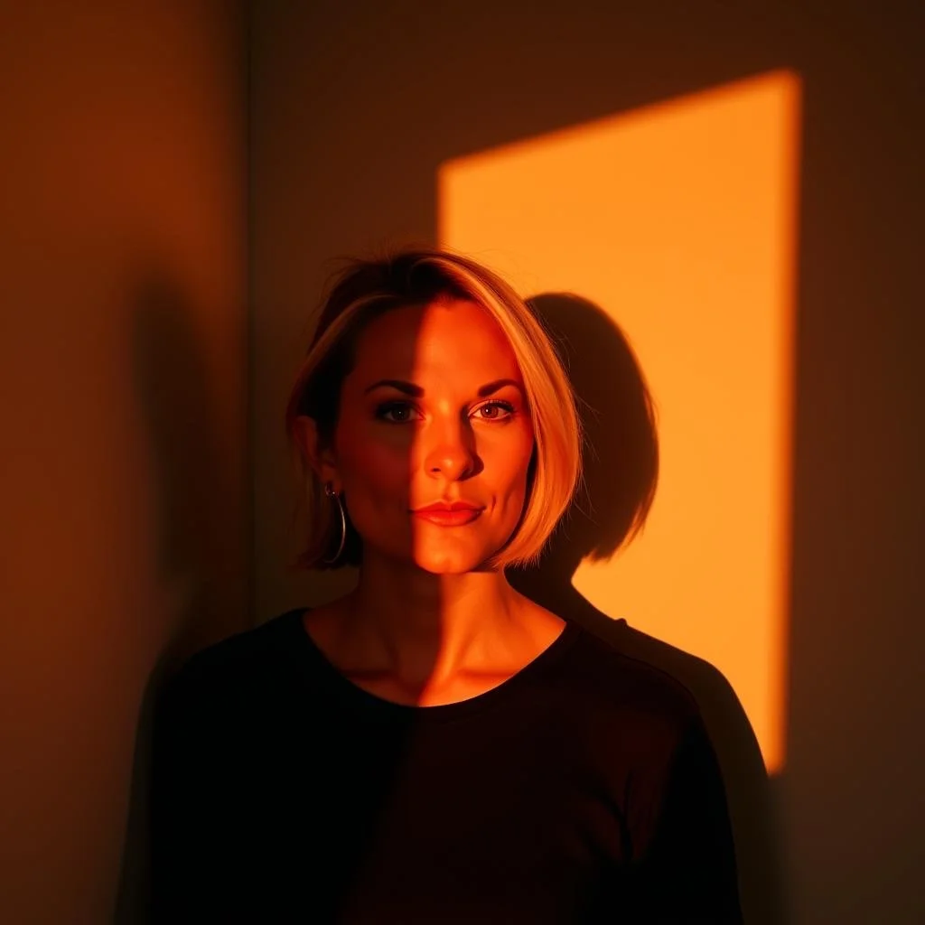 A woman with short blonde hair and earrings, standing in a dimly lit room, with sunlight creating a bright rectangular shape on the wall behind her. She is looking directly at the camera with a neutral expression.