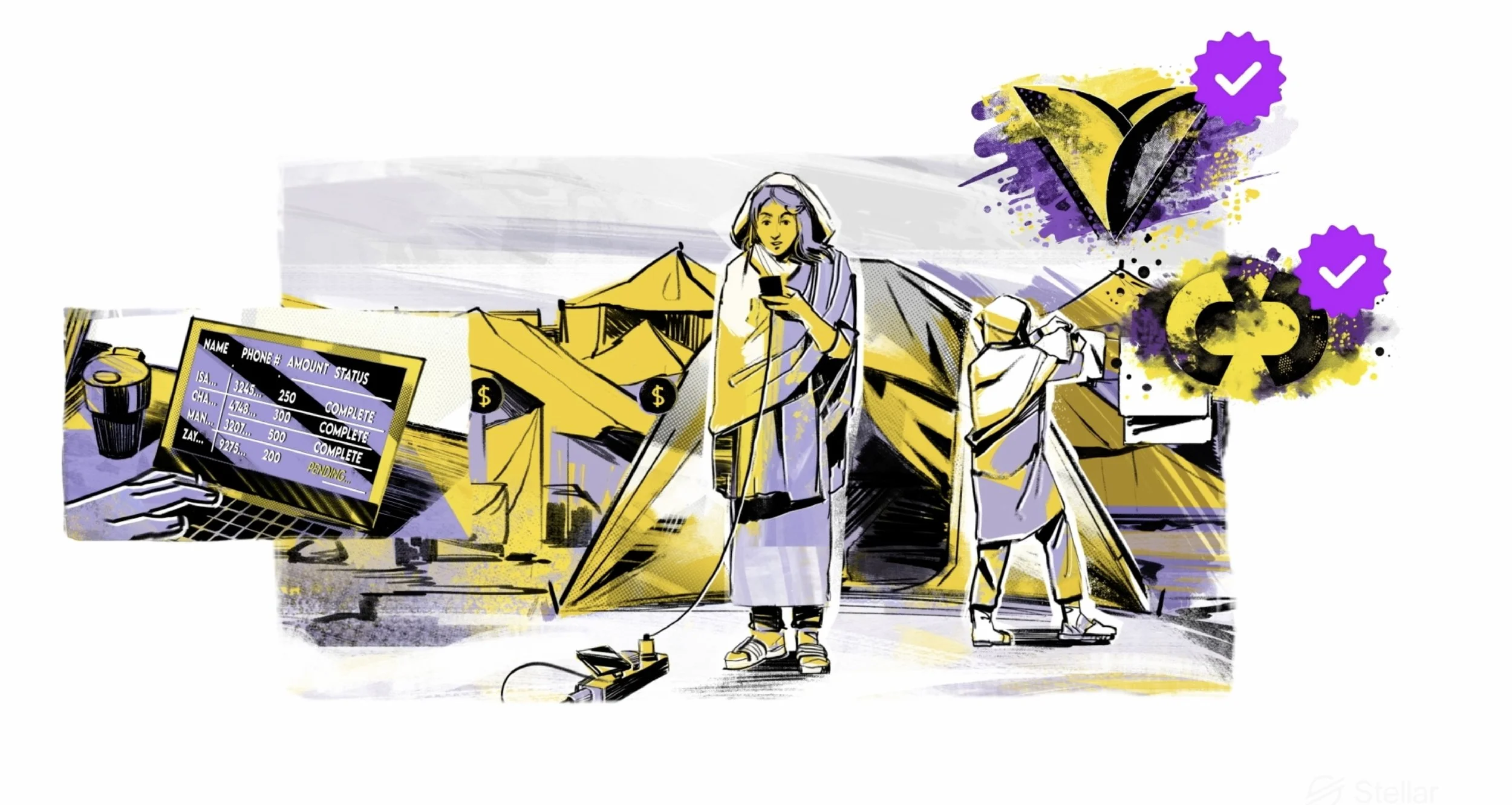 A digital sketch of a campsite scene with tents, a woman using her phone, a laptop displaying a payment list, and other campers. Artistic splashes of purple and yellow decorate the scene.