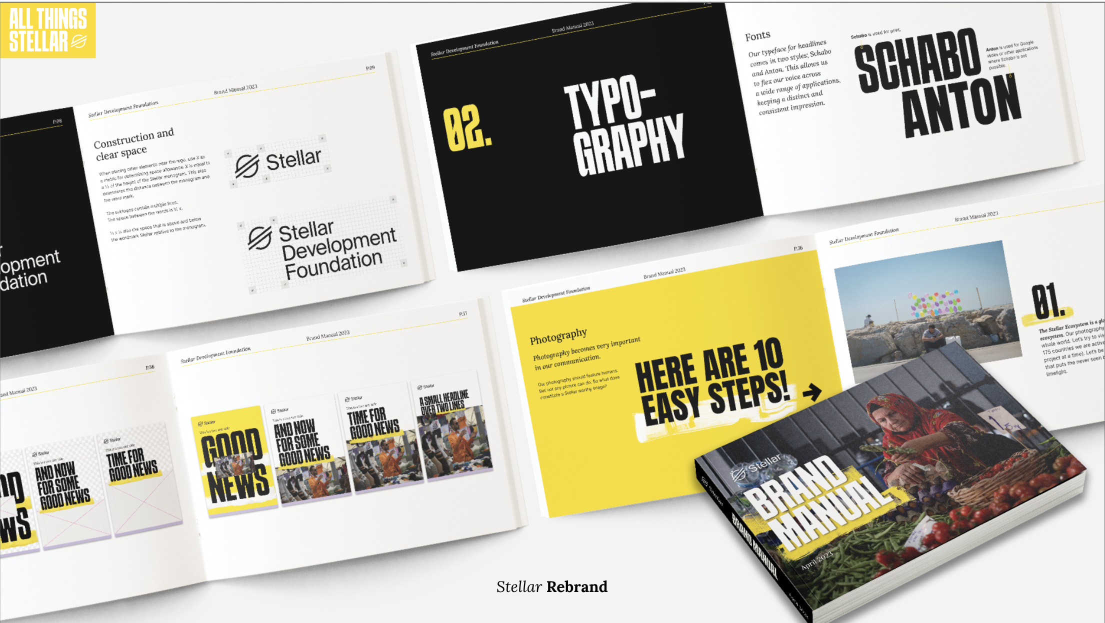 Open brand manual and branding elements for Stellar, including logo, typography, signage, social media templates, visual identity, and a 3D mockup of the manual cover featuring markets and a woman selling produce.