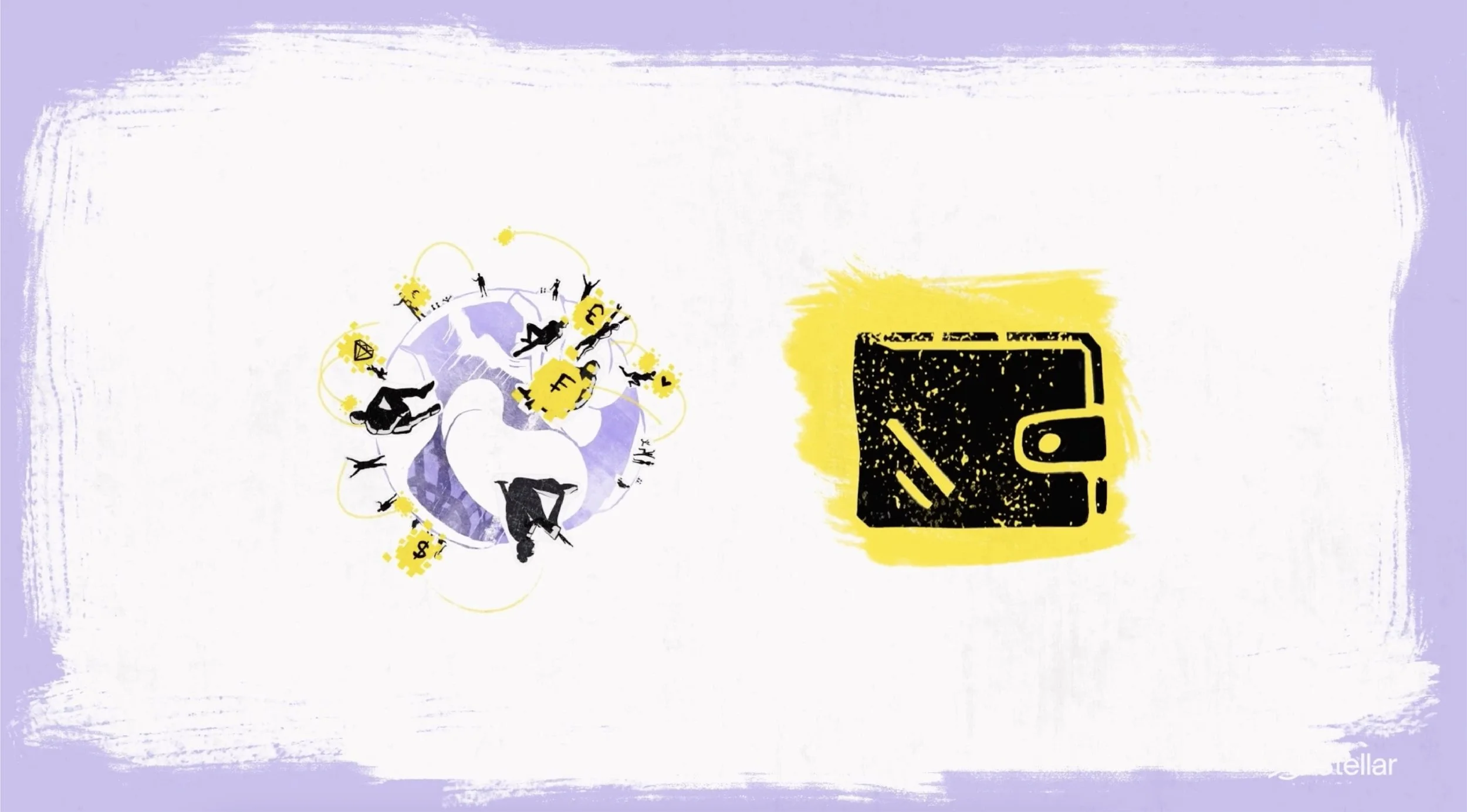 Illustration of planets with people engaging in various activities around them on the left, and a yellow and black wallet on the right, all set against a purple and white background.