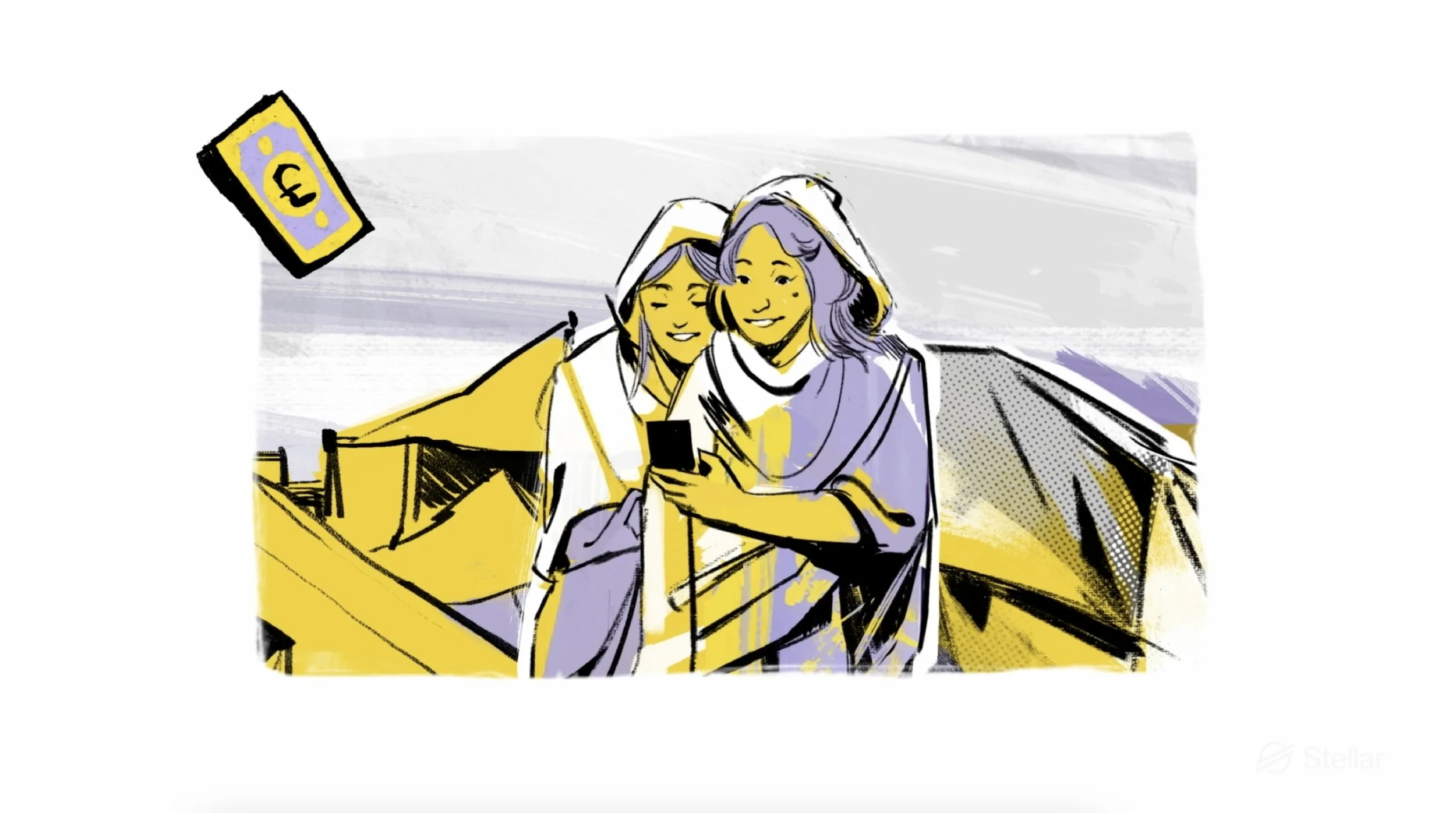 Two women wearing hijabs smiling and looking at a smartphone together near a yellow tent with a pound currency note in the background.