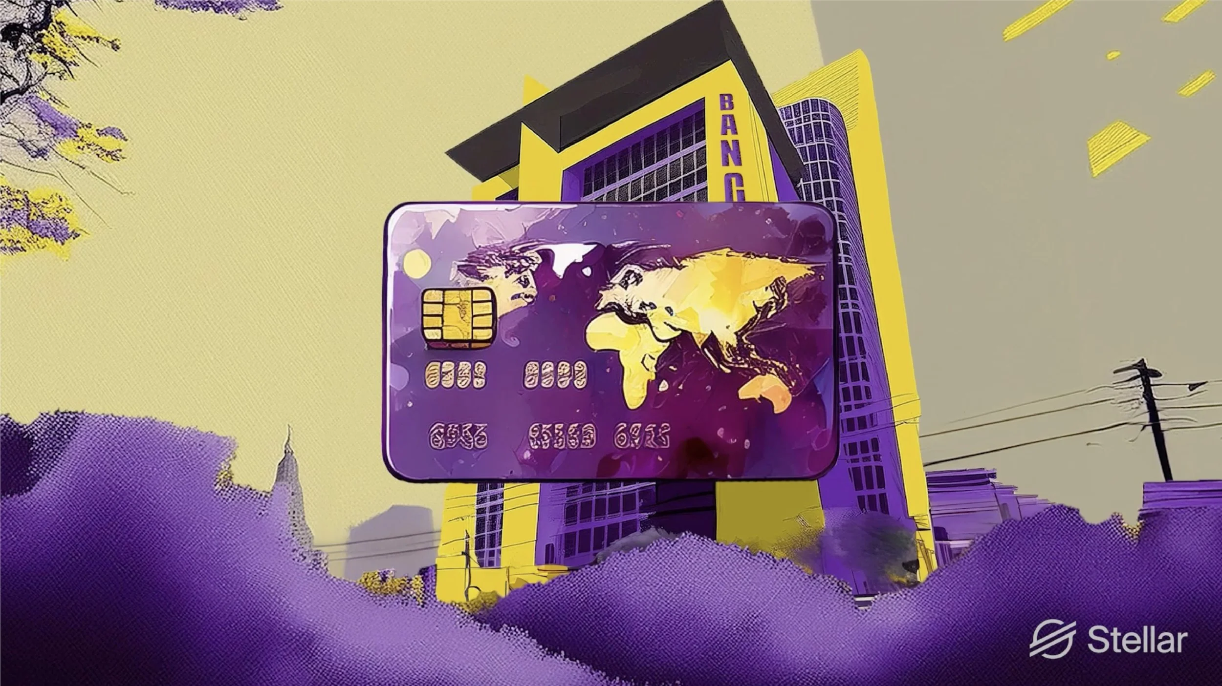 Public artwork featuring a purple credit card with a world map design in front of a tall yellow and black building labeled 'BANK' with utility poles and trees in the background.