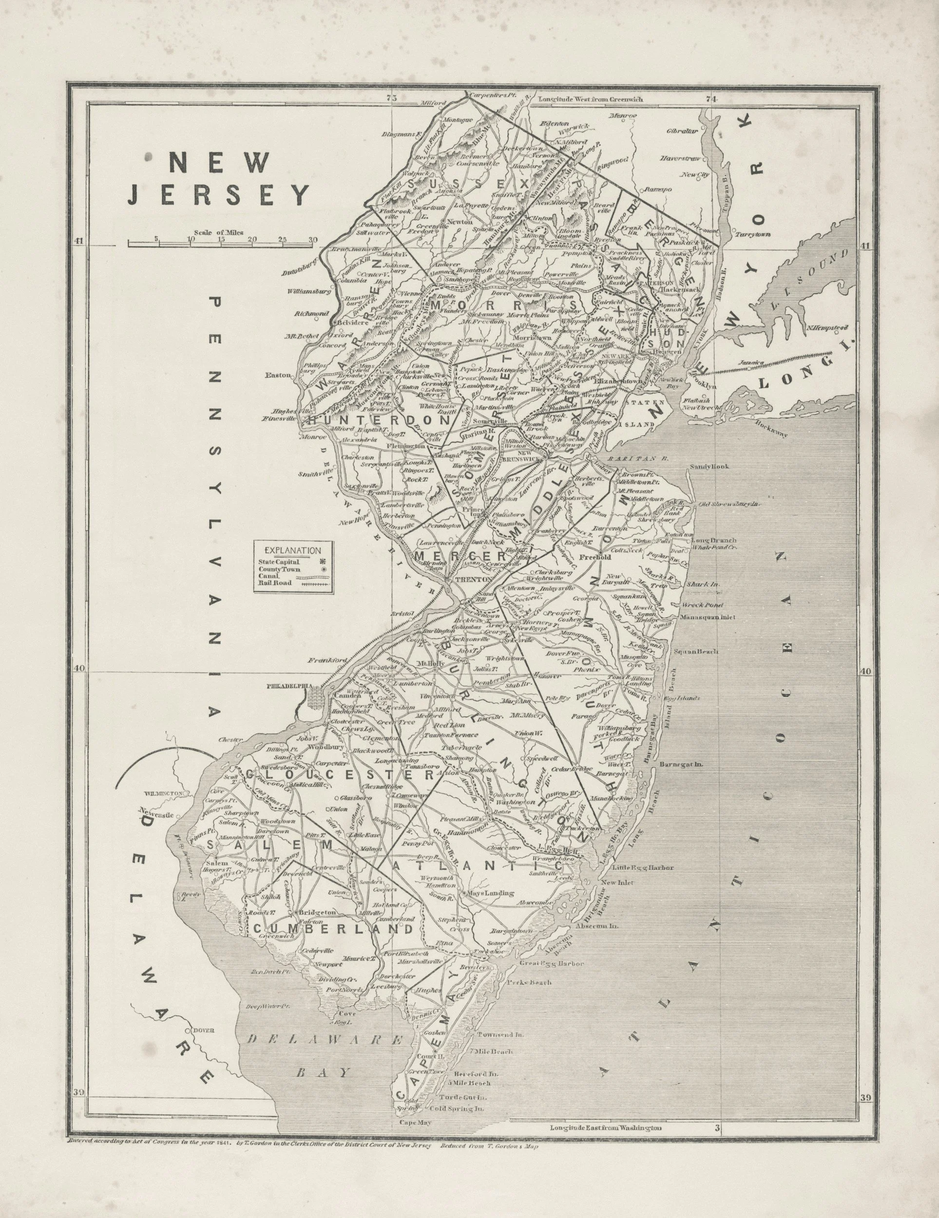 Historical map of New Jersey showing counties, towns, railroads, and geographical features as created according to the act of Congress in 1841.