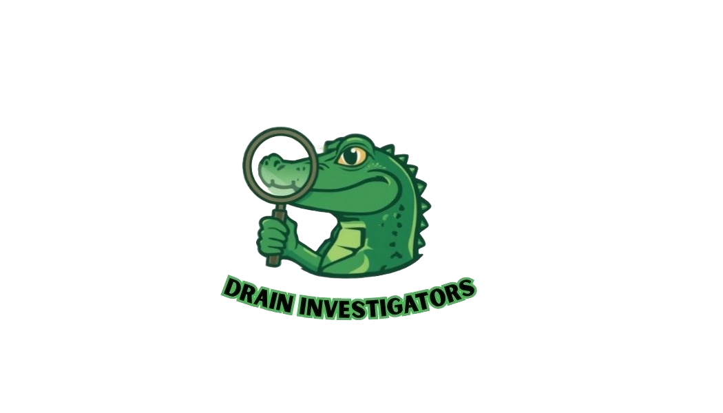 Cartoon illustration of a crocodile holding a magnifying glass, with the words 'Drain Investigators' below.