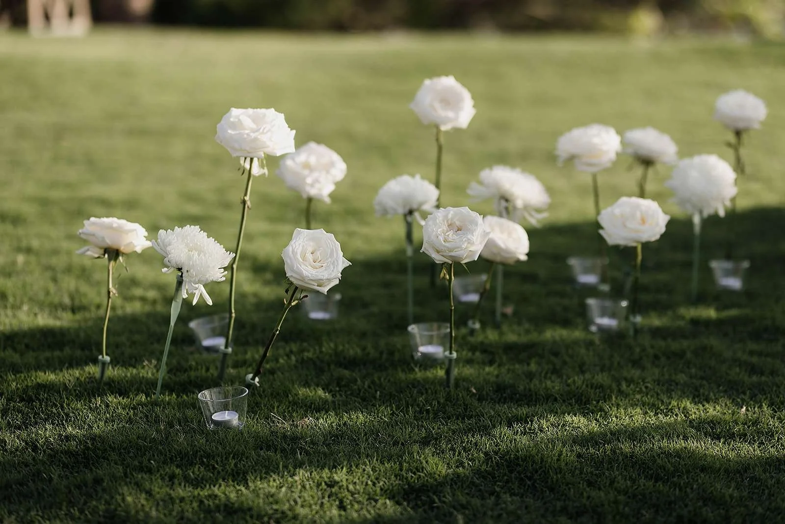 White flowers arranged on the grass with small glass candle holders placed at their bases.