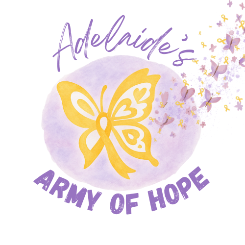Purple text reading 'Adelaide's Army of Hope' with a yellow butterfly and purple butterflies surrounding it, set against a watercolor purple circle background.