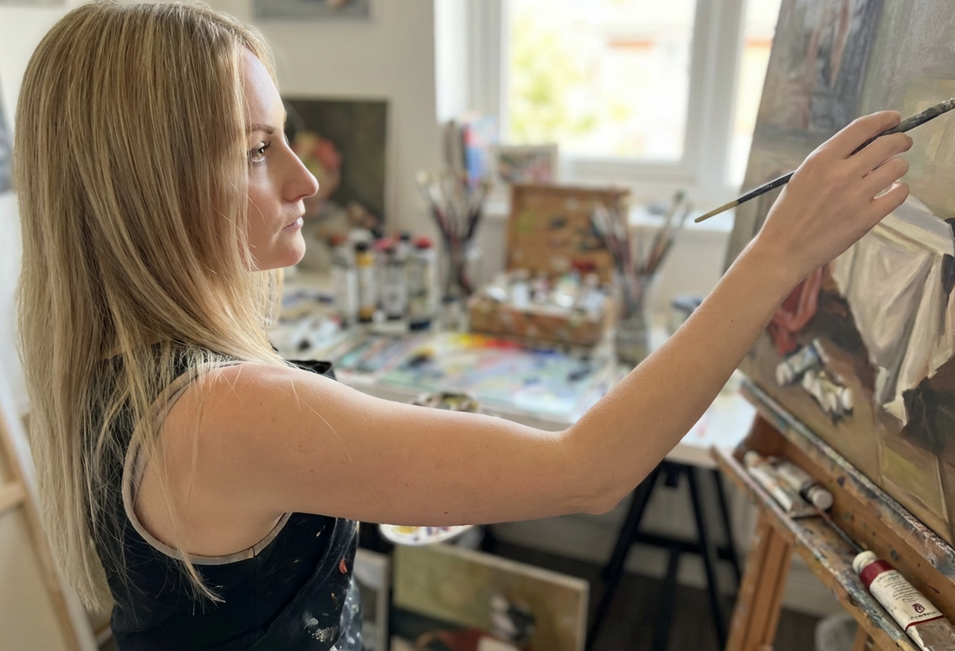 Nina Lanoma im Atelier beim Malen