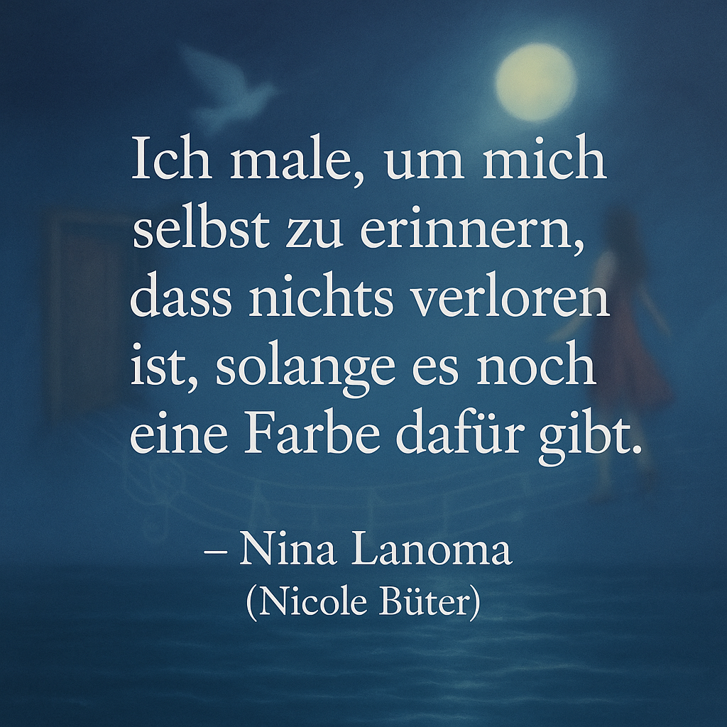 Ein Zitat auf einem blauen Hintergrund, das besagt: "Ich male, um mich selbst zu erinnern, dass nichts verloren ist, solange es noch eine Farbe dafür gibt. - Nina Lanoma (Nicole Büter)"