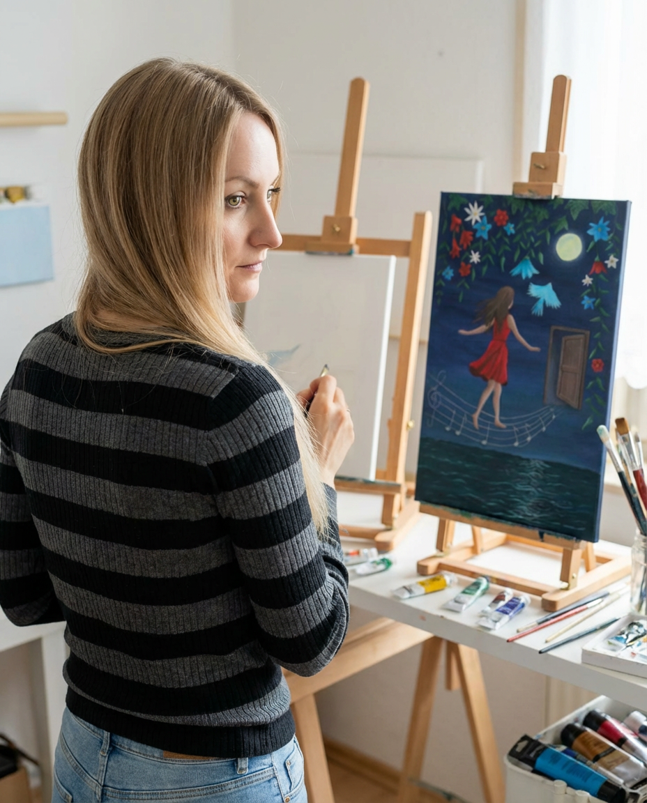 Nina Lanoma im Atelier beim Malen