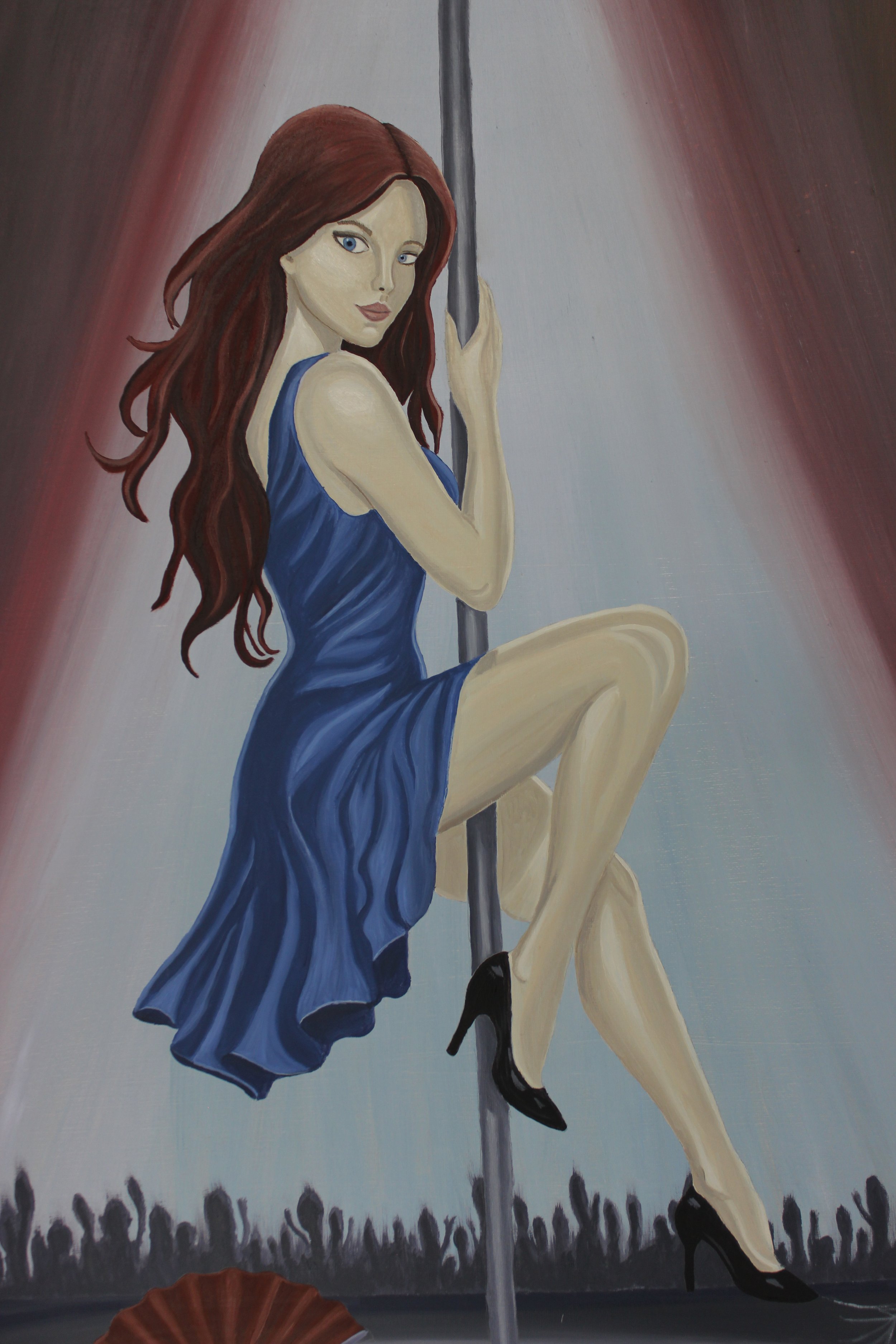 Die Unnahbare von Nina Lanoma, Gemaltes Bild einer Frau auf einer Stange, trägt ein blaues Kleid und High Heels, mit rotem Haar, vor rotem und grauem Hintergrund.