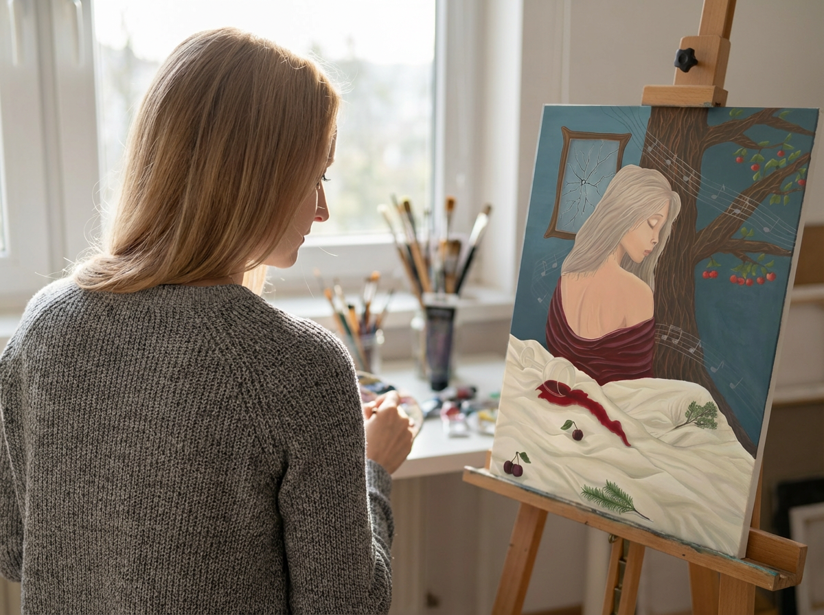 Nina Lanoma im Atelier beim Malen