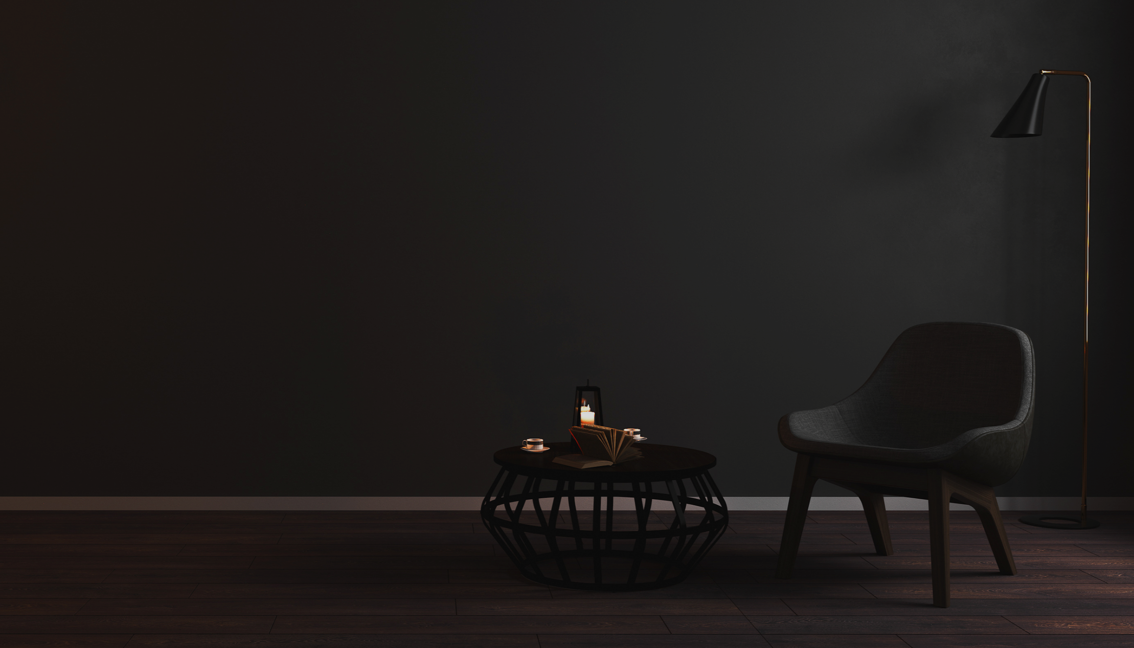 Dark, minimal interior scene with a chair and coffee table, representing strategic and thoughtful social media consulting.