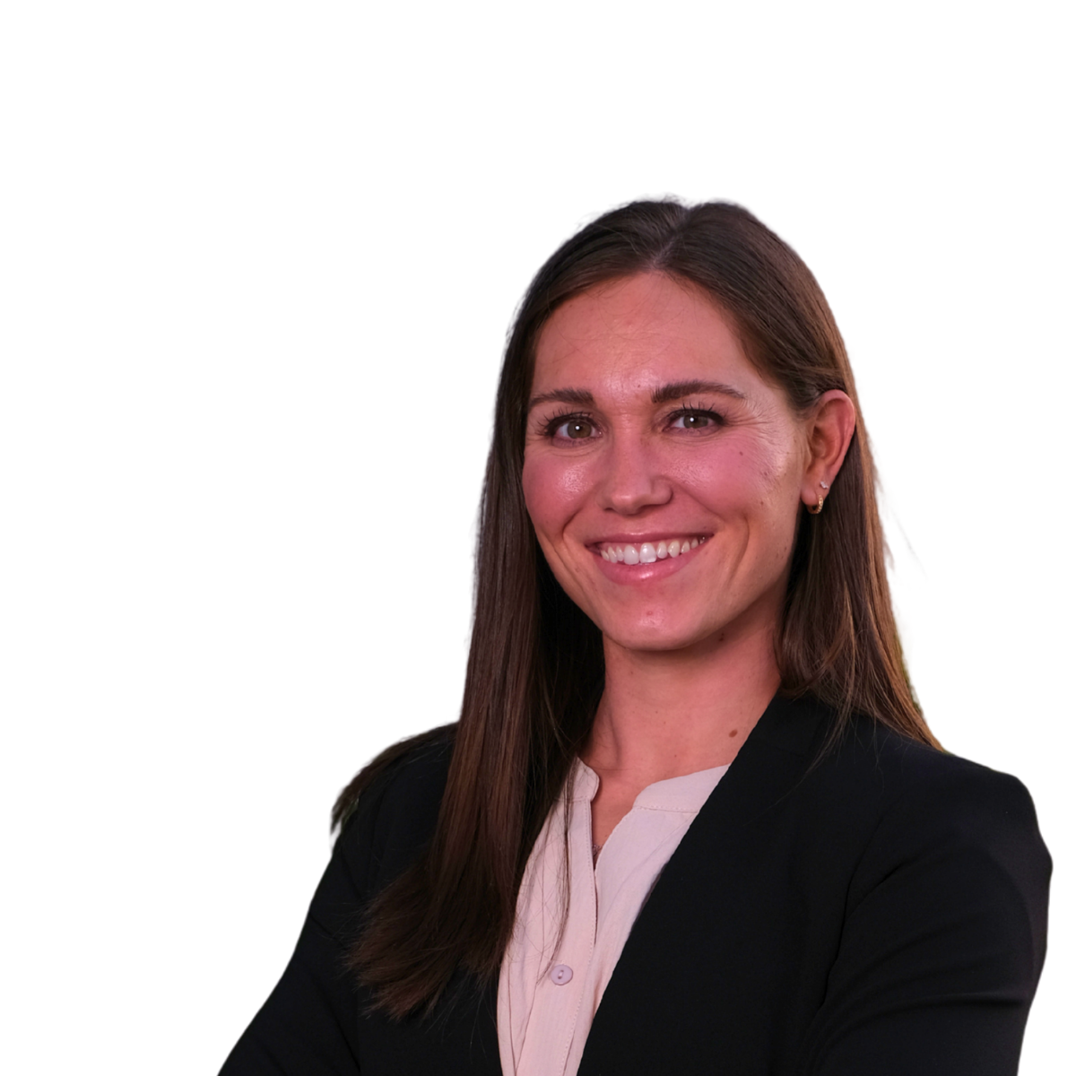 A woman with long brown hair smiling, wearing a black blazer and a white blouse.