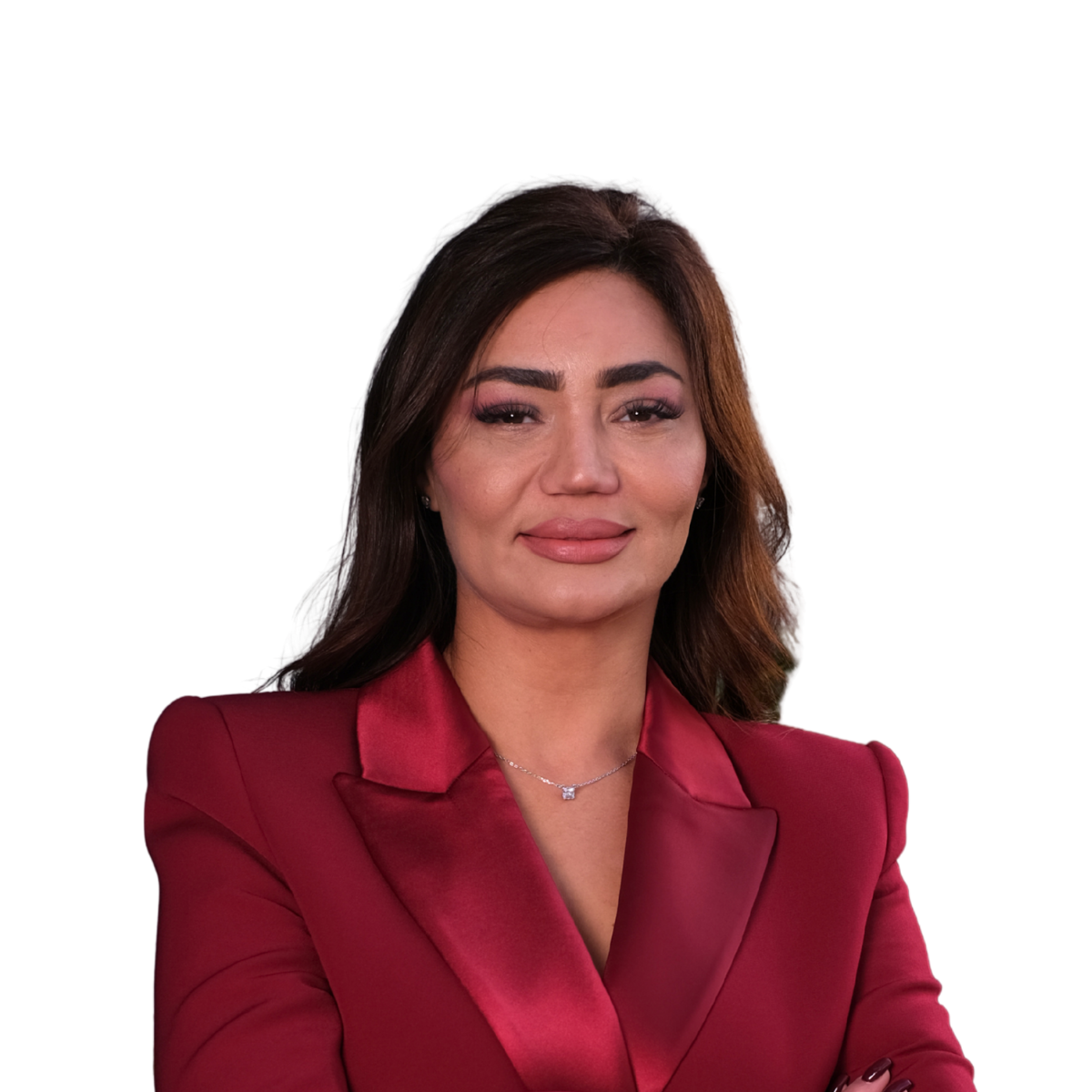 Black and white portrait of a woman in a dark tailored blazer with long hair.