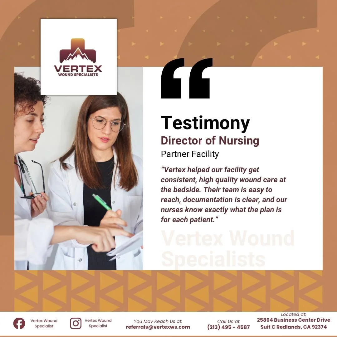 Healing doesn&rsquo;t have to wait!

At Vertex Wound Specialists, we bring expert wound care directly to you, ensuring patients receive professional, compassionate, and advanced treatment right in the comfort of their home.

From specialized wound ma