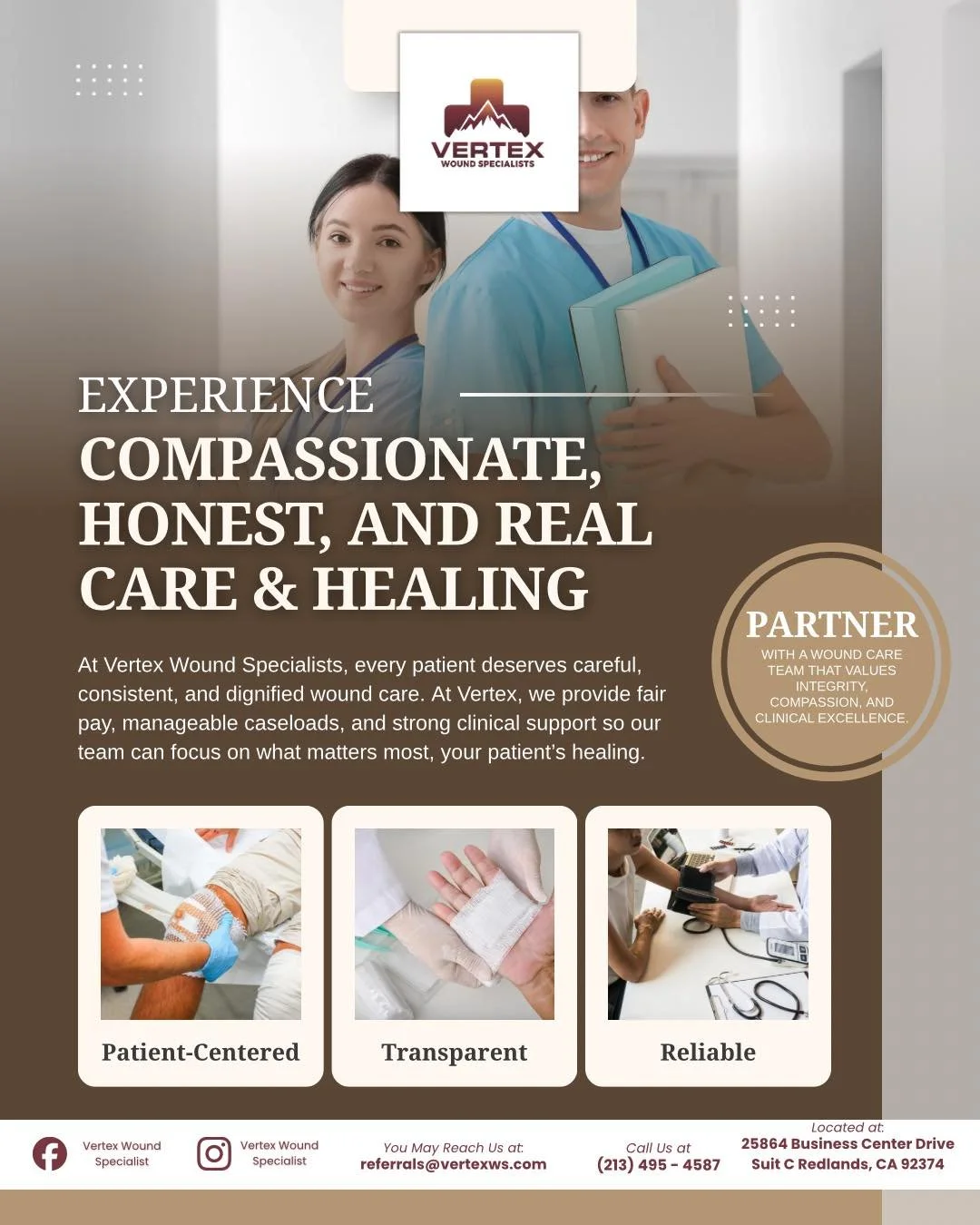 At Vertex Wound Specialists, wound care is more than treatment, it is compassion, integrity, and commitment to every patient&rsquo;s healing journey.

We understand that many patients with wounds are fragile and overwhelmed with appointments. That&rs