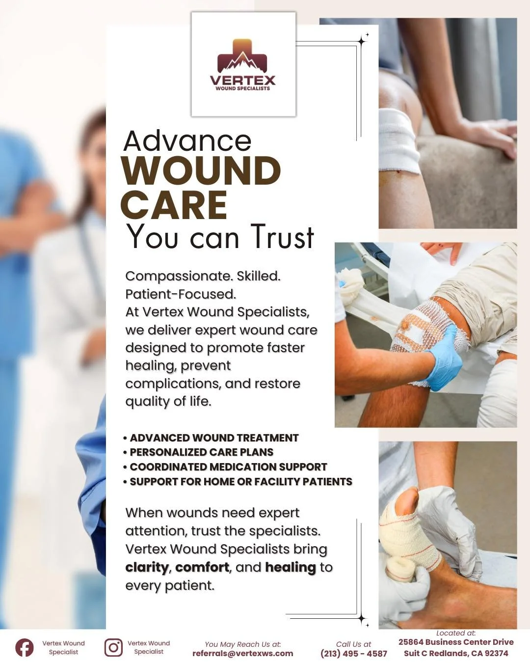 Healing isn&rsquo;t just about treatment, it&rsquo;s about expert care, compassion, and consistent support every step of the way.

At Vertex Wound Specialists, we provide advanced wound care designed to promote healing, prevent complications, and imp