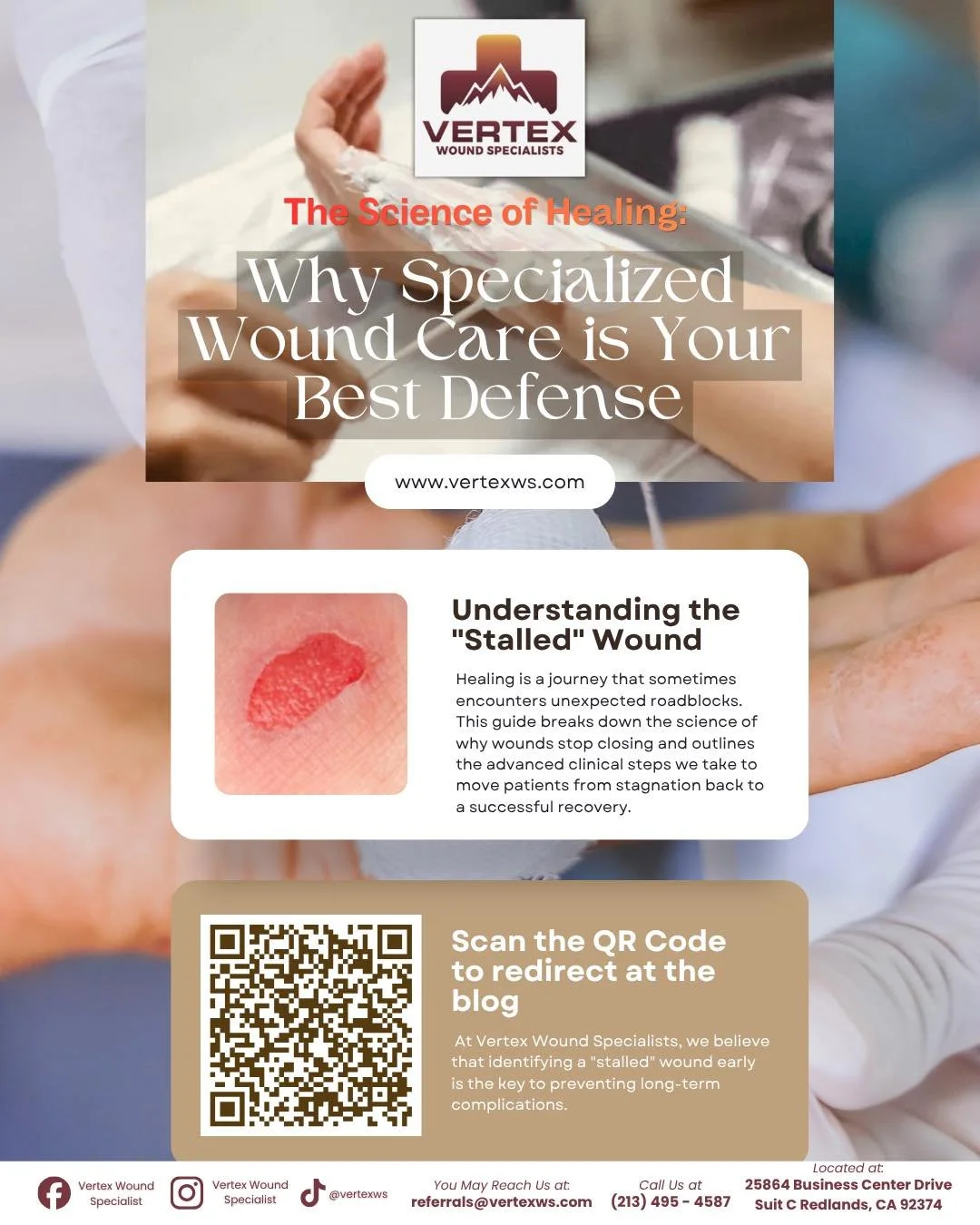 Is your wound stuck in the "Stalled" phase? 

A wound that hasn't shown significant improvement in 4 weeks is more than just a slow healer, it&rsquo;s a complex biological puzzle. At Vertex Wound Specialists, we go beyond the surface to tre