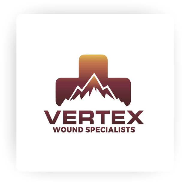 Logo for VERTEX Wound Specialists featuring a mountain peak and a cross in the background.