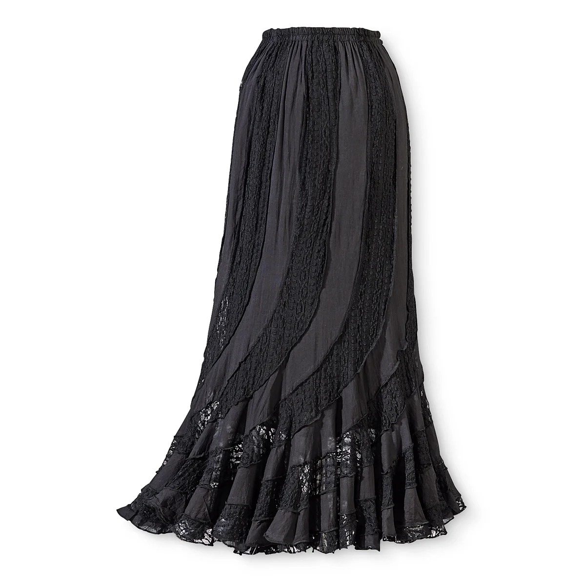 Curved Lace Paneled Skirt: Black