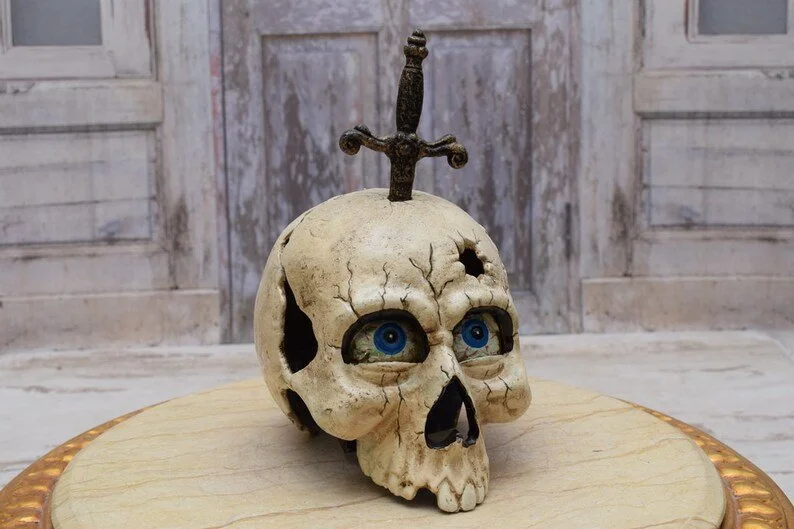 Cast Iron Skull Sculpture with Moving Eyes & Letter Cutter