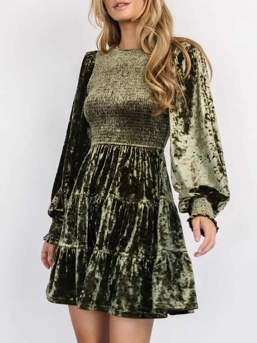 Velvet Ruffled Crewneck Dress: Dark Green, L