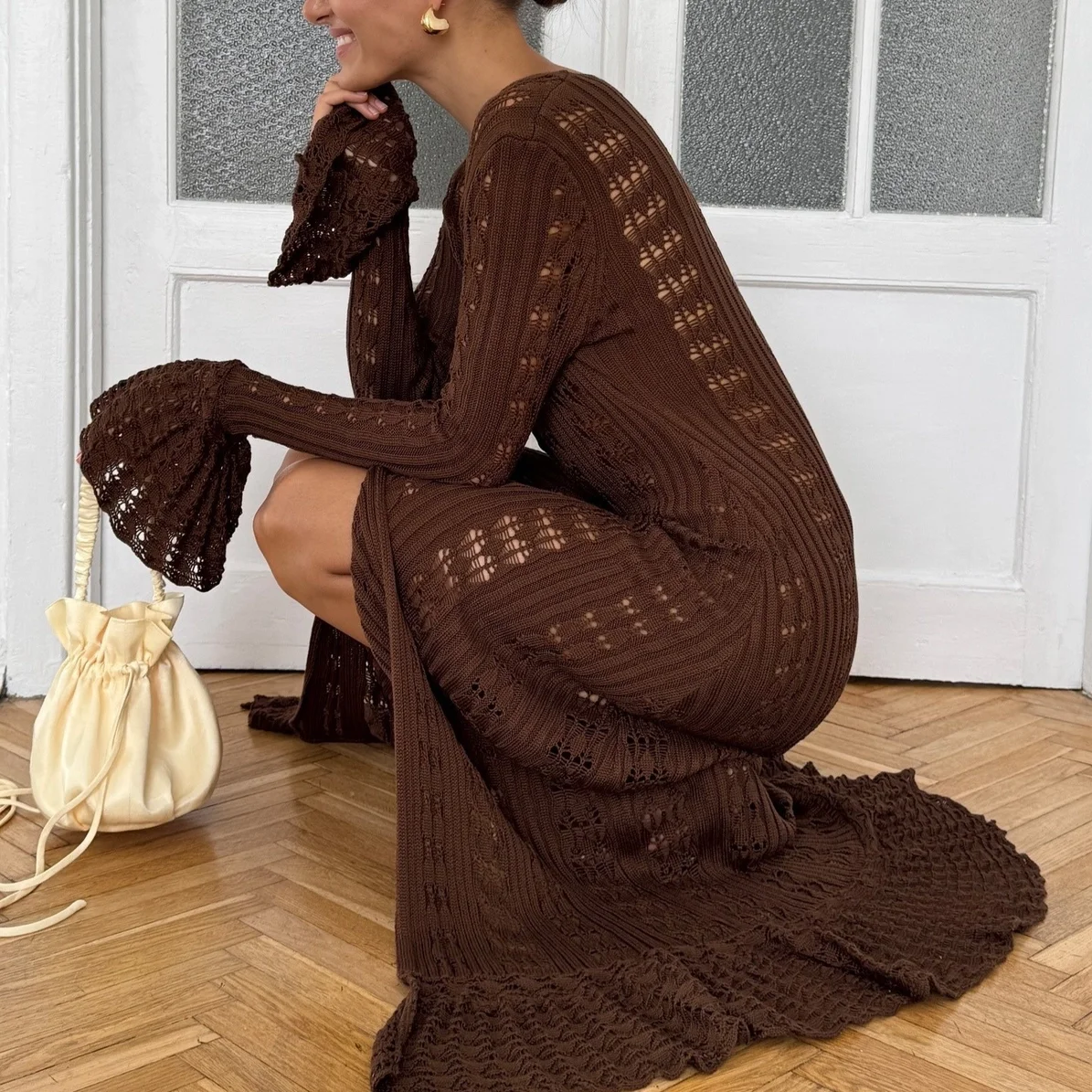 Y2K Hollow Bell Sleeves Crochet Maxi Cardigan: Coffee, M