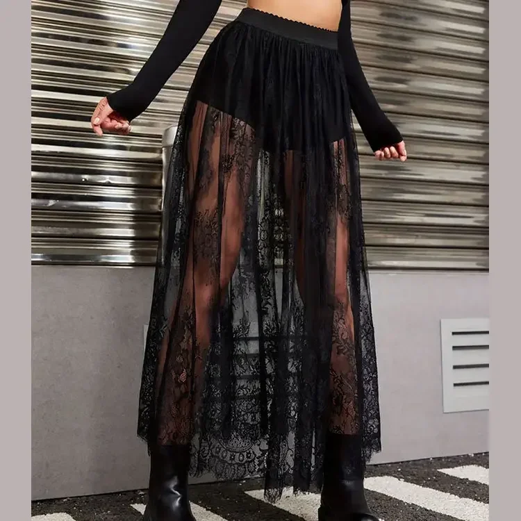 Summer Women Fashion Dark Gothic Lace See-Through Skirt: Black