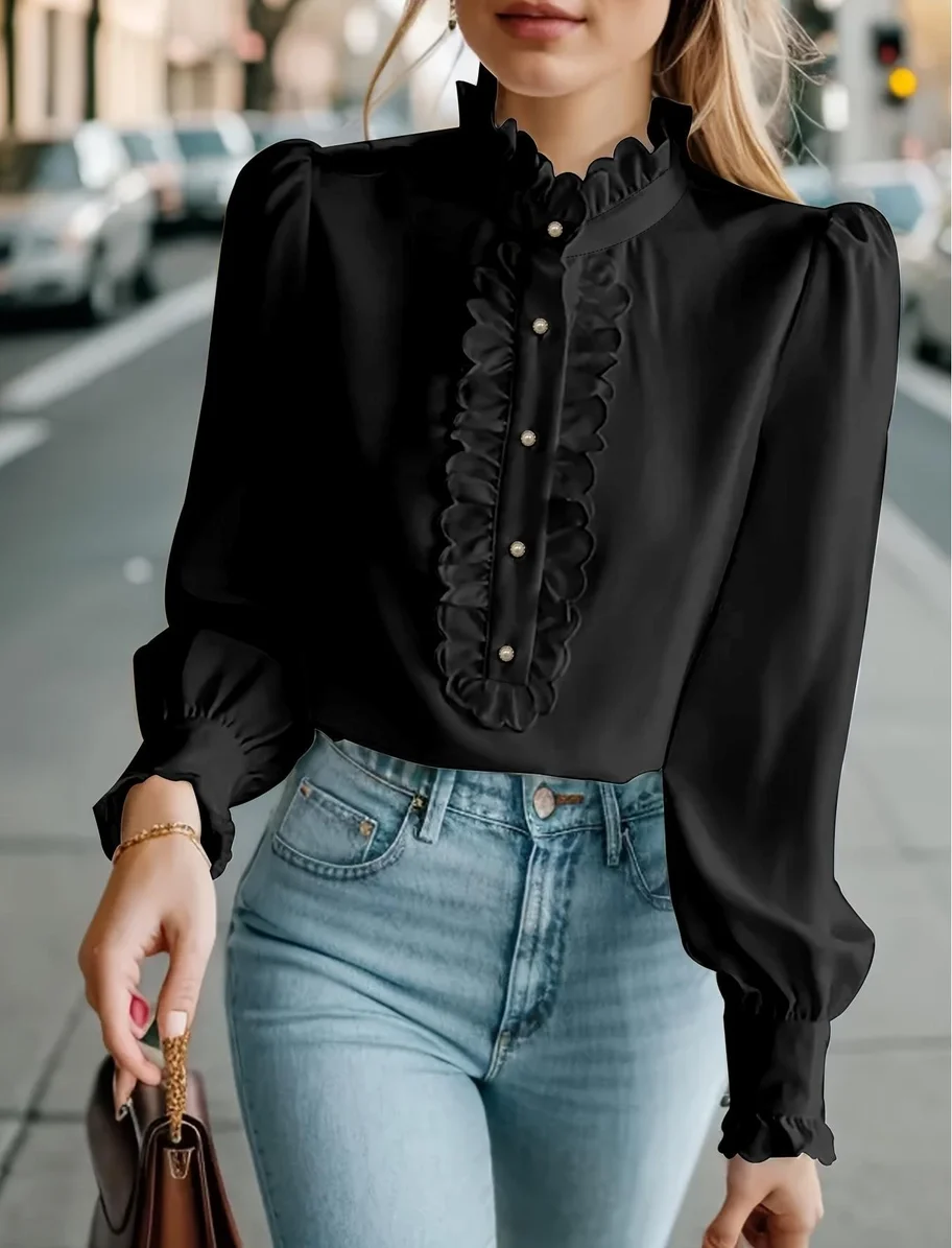 Office long-sleeved ruffled blouse shirt: Black