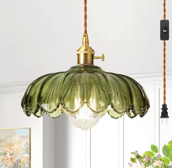 Green Plug-In Mid-Century Hanging Pendant Light with Ribbed Flower Glass Shade