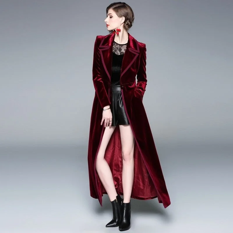 Long Velvet Coat In Solid Color: Burgundy, M