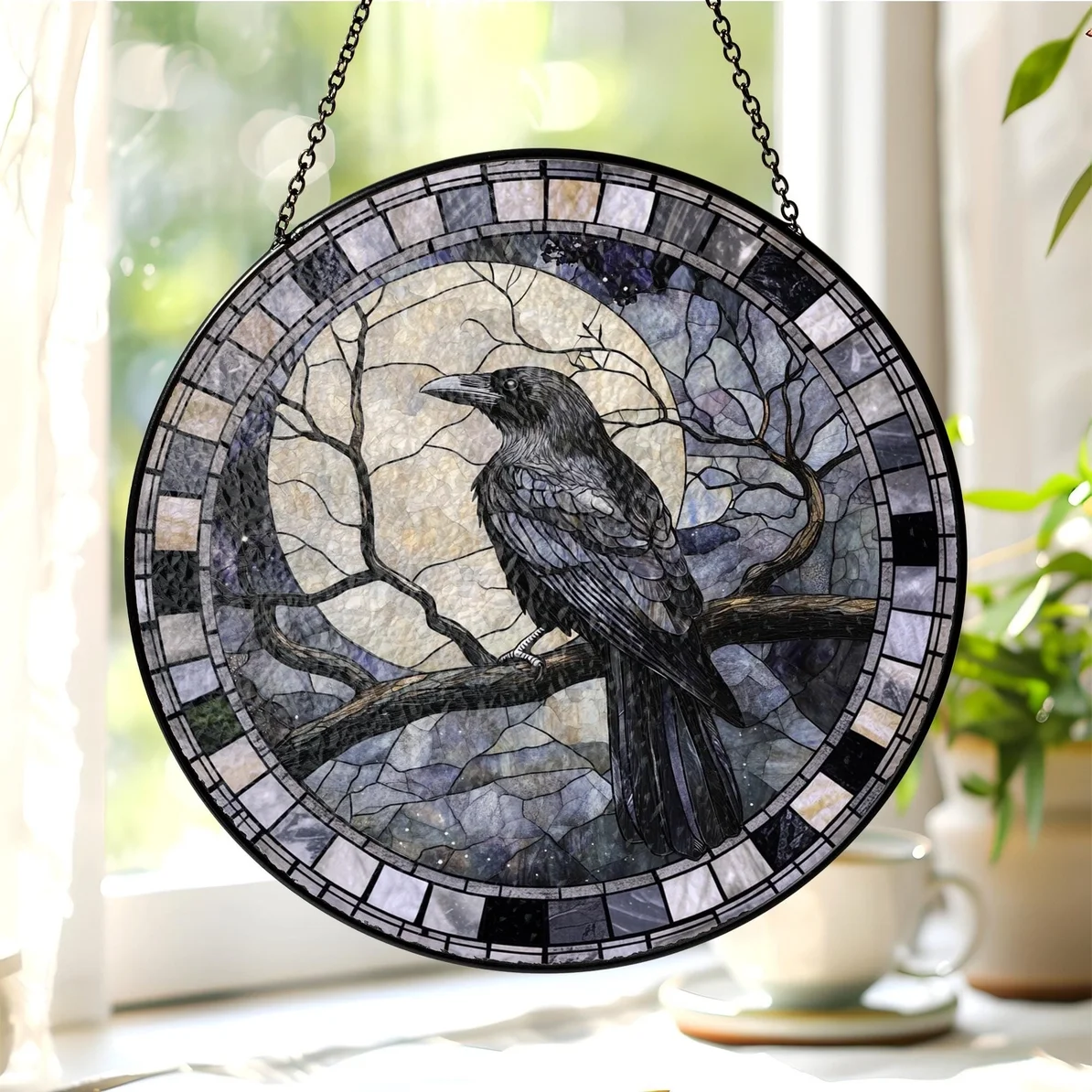 Black Raven Stained Glass Suncatcher, Gothic Crow Ornament: 3.5in