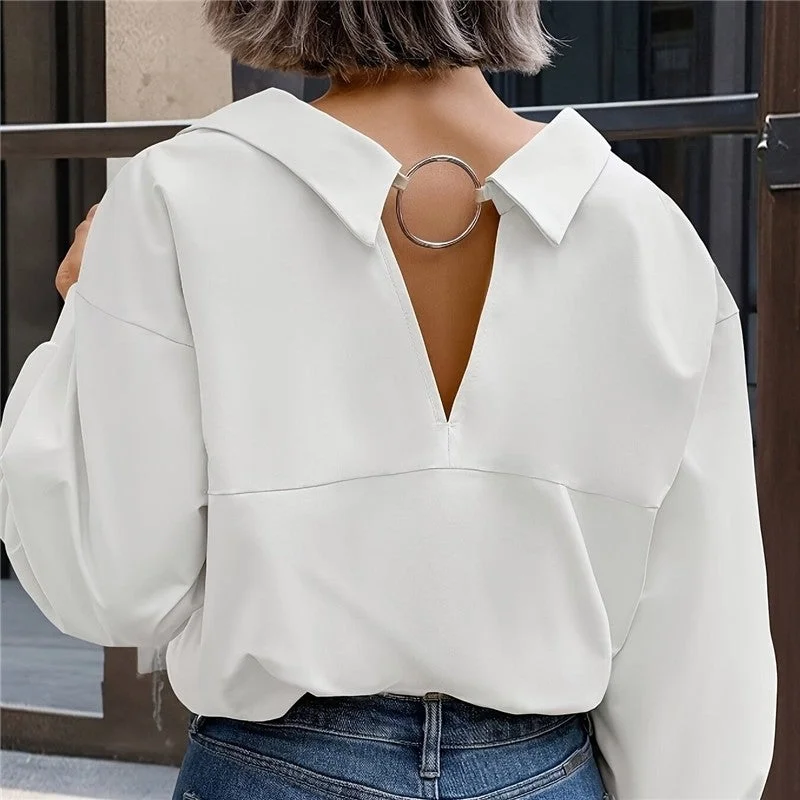 Solid Color Button Down Long Sleeve Shirt: WHITE