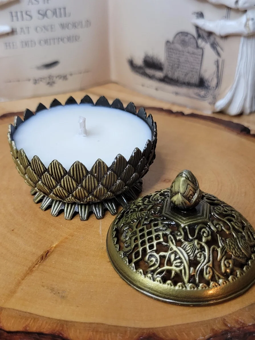 Lotus Brass Candle Burner: Scented Soy Wax Candle, Reusable Holder