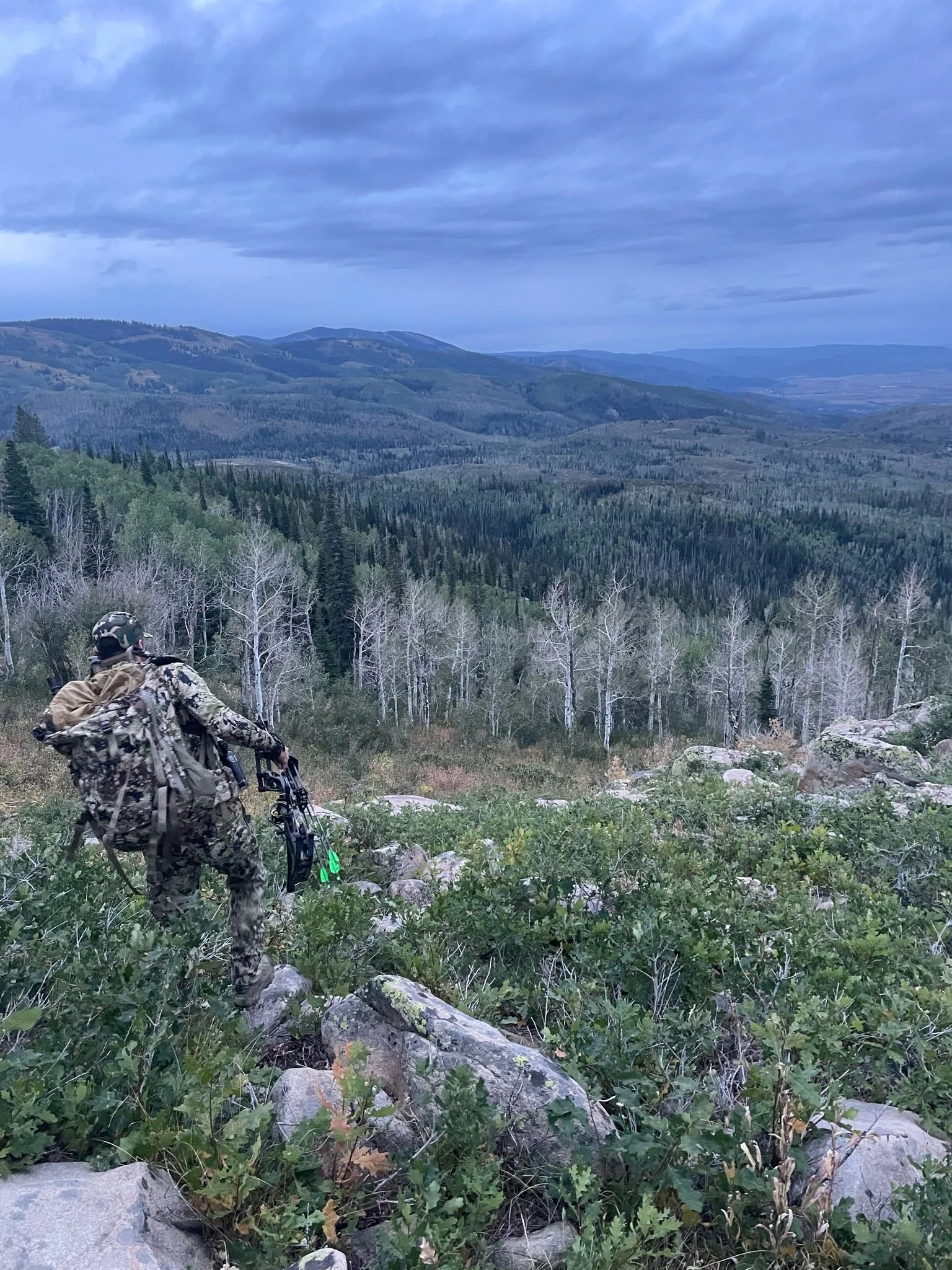 A hunter in camouflage clothing hiking down a rocky and grassy hillside with a mountain range and forest in the background.