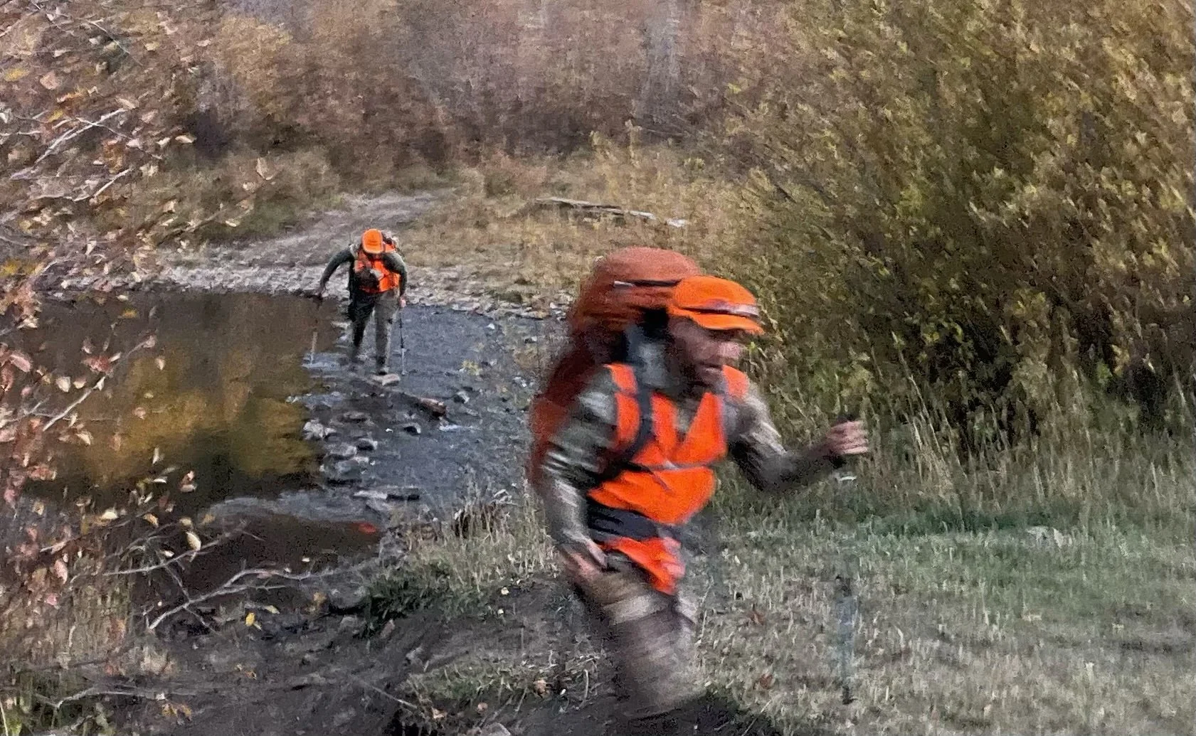 Two hunters, dressed in outdoor gear with blaze vests and helmets, crossing a shallow stream in a wooded area during cloudy weather.