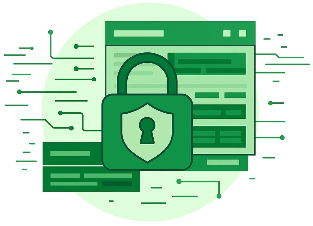 Digital illustration of a web page with a padlock symbol in front, representing online security and data protection.