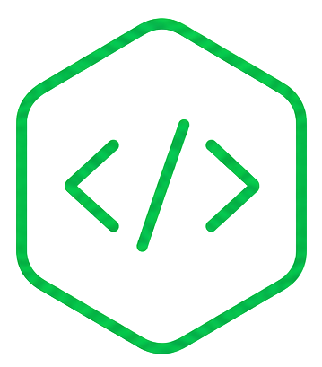 Green hexagon outline with a code symbol (angle brackets with a slash) inside