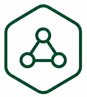 A green hexagon outline with a molecular structure inside, consisting of three connected circles.