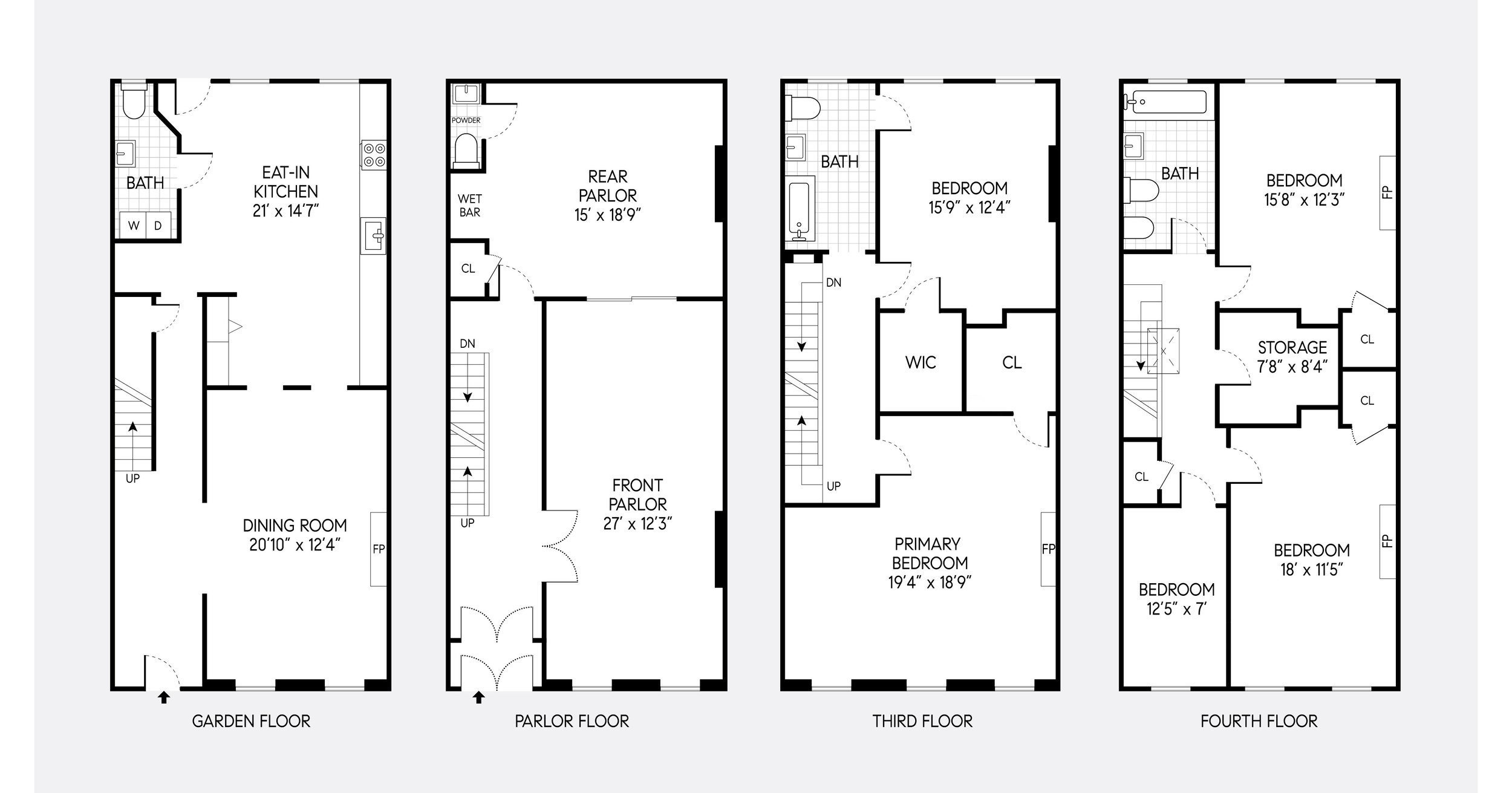 Four-story house floor plan showing the Garden, Parlor, Third, and Fourth floors, with rooms labeled including kitchen, dining area, parlors, bedrooms, bathrooms, storage, and closets, along with staircases and fireplaces.