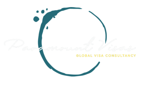 Logo for Paramount Visa, a global visa consulting company, with a stylized globe design.